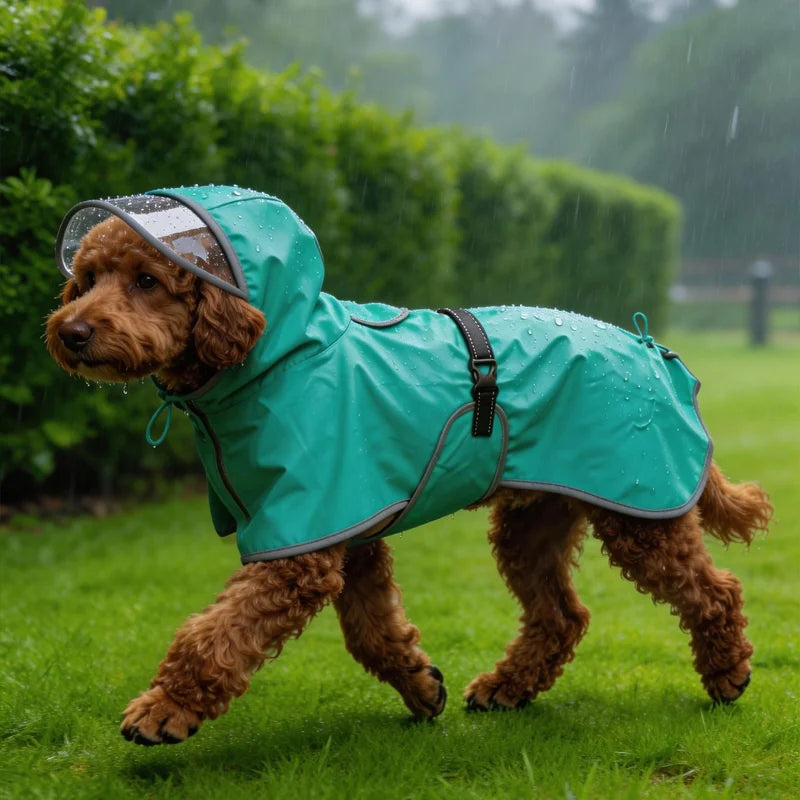 Waterproof hooded dog raincoat for medium to large dogs in rain, showcasing comfort and style.
